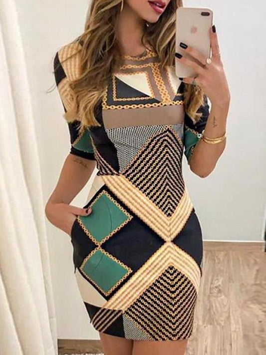 Slim Pocket Printed Mid-sleeved Dress - LuckyFash™