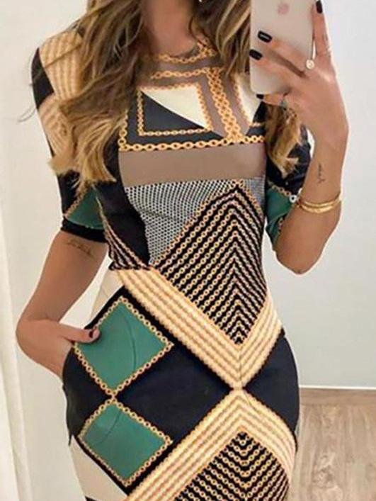 Slim Pocket Printed Mid-sleeved Dress - LuckyFash™