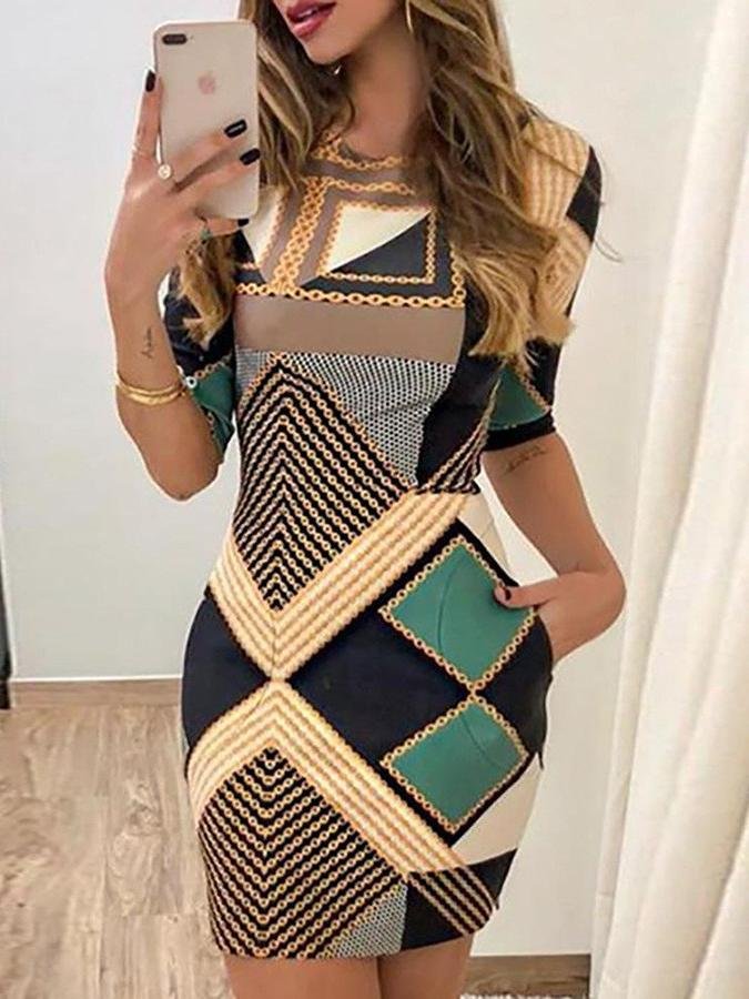Slim Pocket Printed Mid-sleeved Dress - LuckyFash™