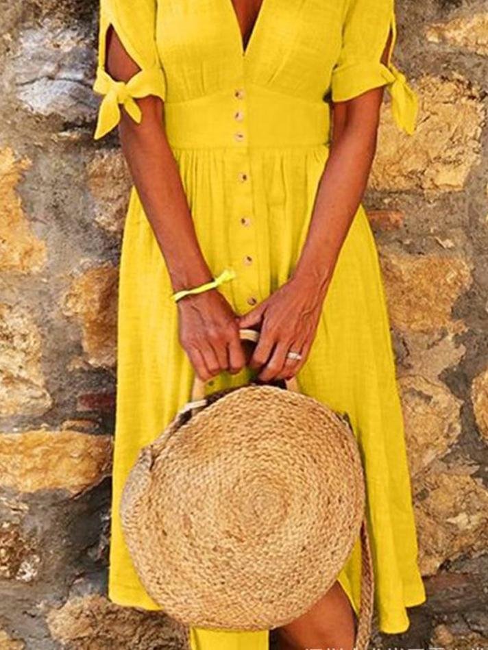 Solid Color V Neck Tie Half Sleeve Casual Dress - LuckyFash™