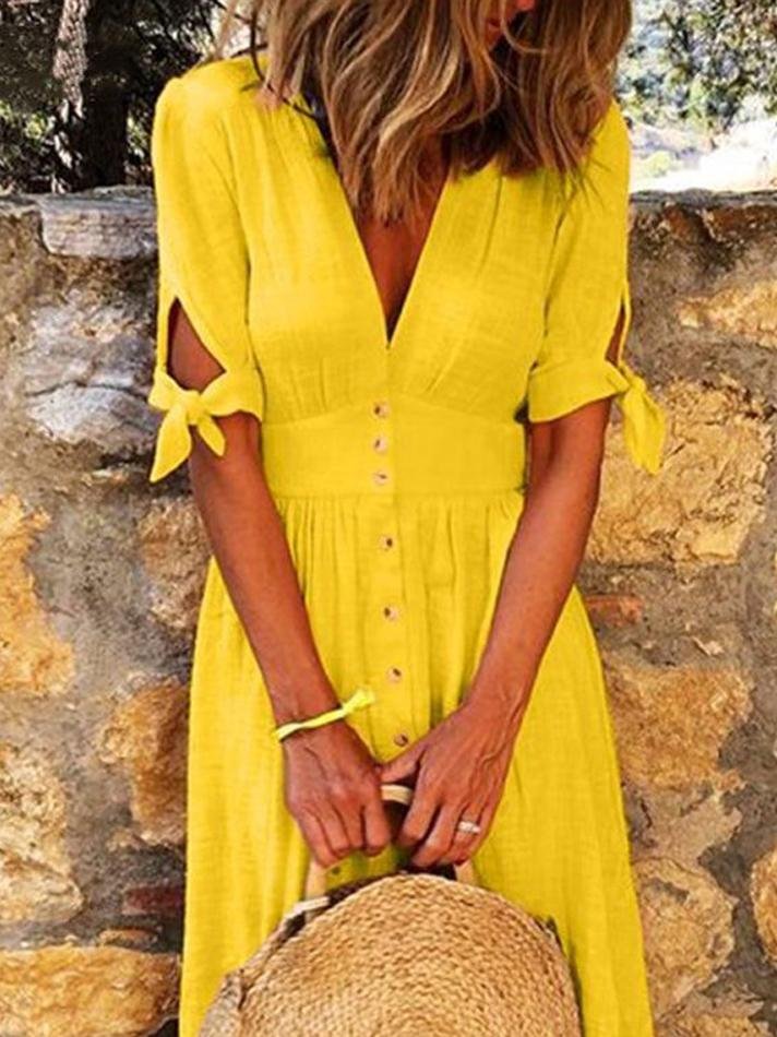 Solid Color V Neck Tie Half Sleeve Casual Dress - LuckyFash™