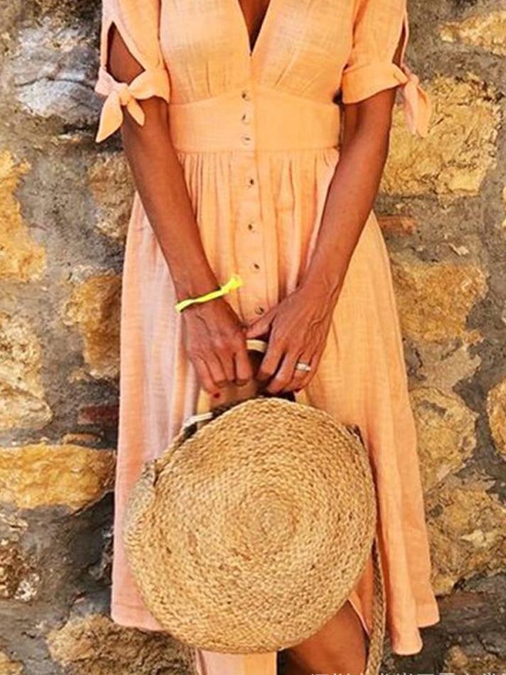 Solid Color V Neck Tie Half Sleeve Casual Dress - LuckyFash™