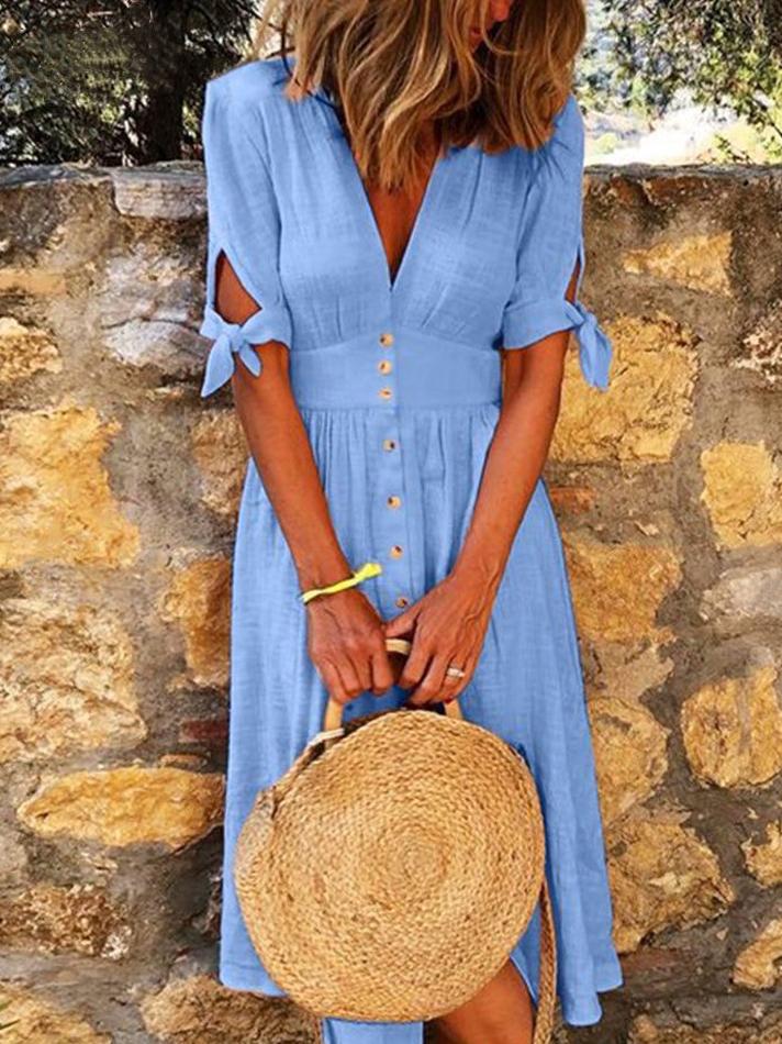 Solid Color V Neck Tie Half Sleeve Casual Dress - LuckyFash™