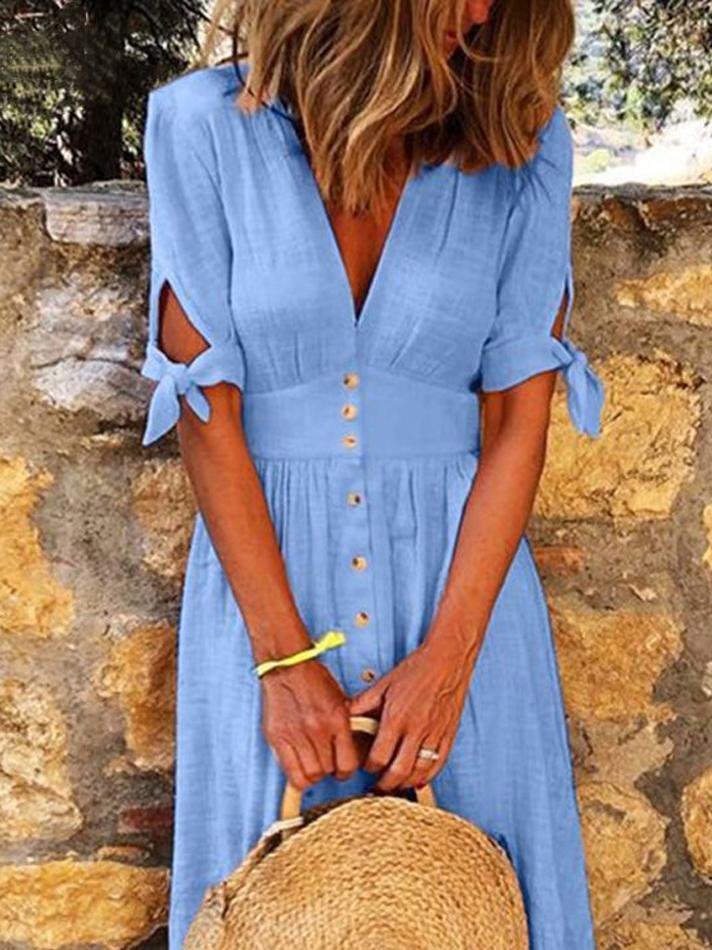 Solid Color V Neck Tie Half Sleeve Casual Dress - LuckyFash™