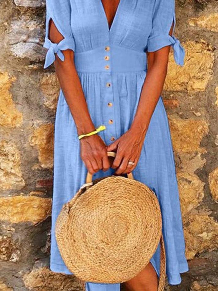 Solid Color V Neck Tie Half Sleeve Casual Dress - LuckyFash™