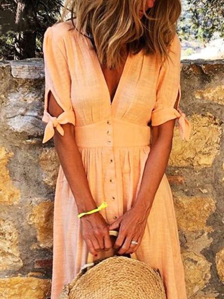 Solid Color V Neck Tie Half Sleeve Casual Dress - LuckyFash™