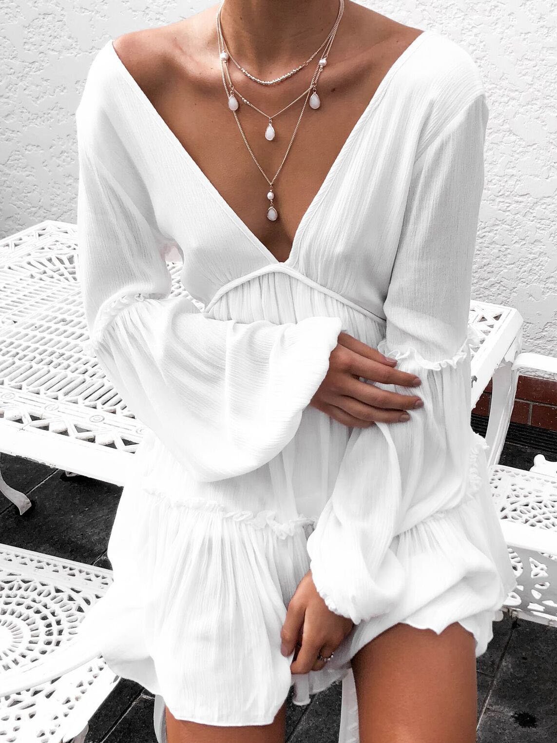 Solid Deep V Lantern Sleeve Dress - LuckyFash™