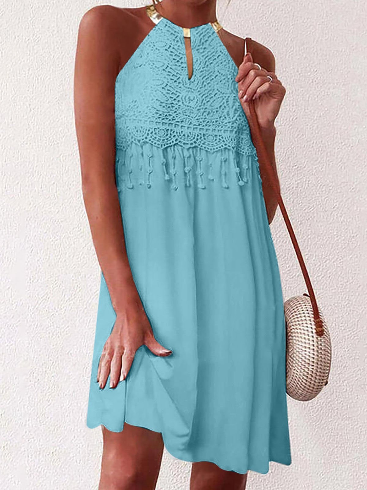 Solid Sleeveless Lace Dangle Mini Dress - LuckyFash™