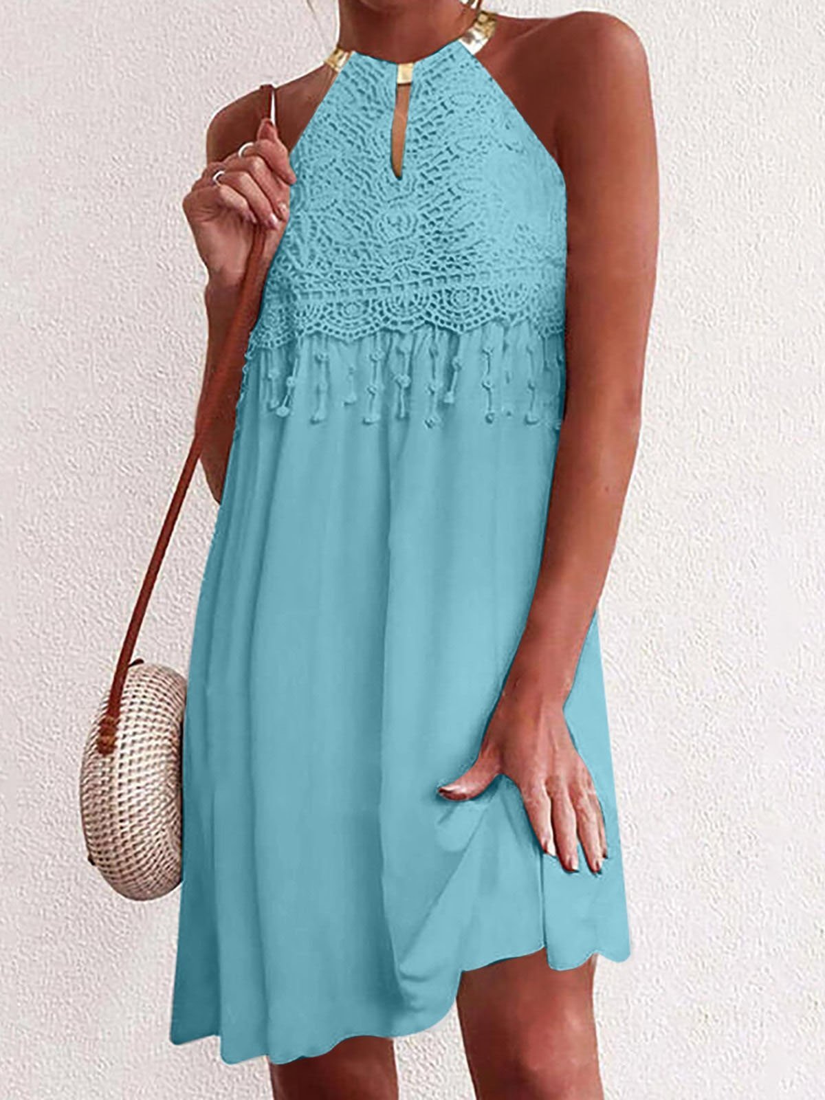Solid Sleeveless Lace Dangle Mini Dress - LuckyFash™