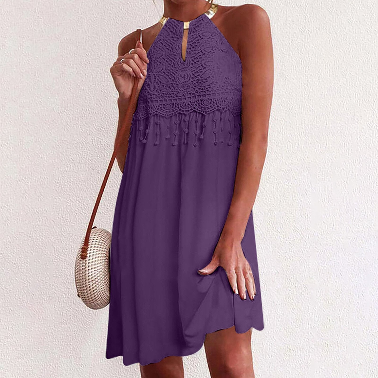 Solid Sleeveless Lace Dangle Mini Dress - LuckyFash™
