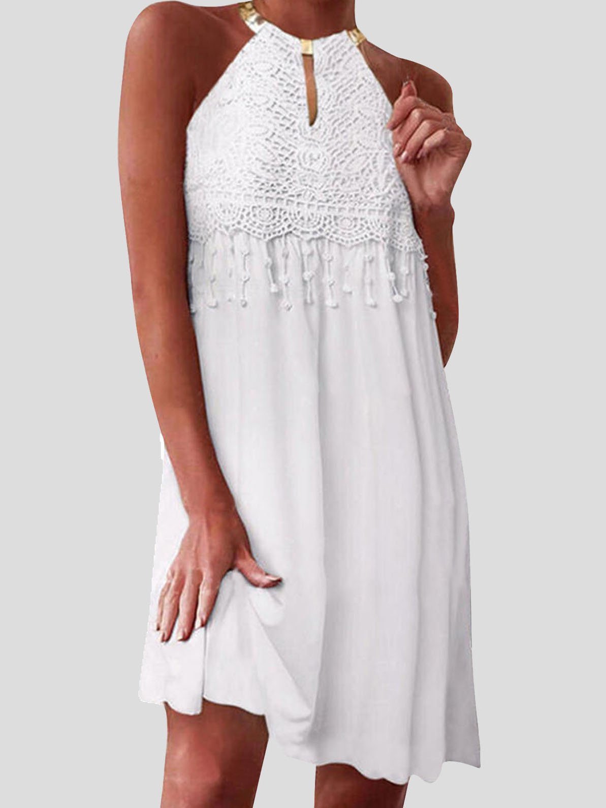 Solid Sleeveless Lace Dangle Mini Dress - LuckyFash™