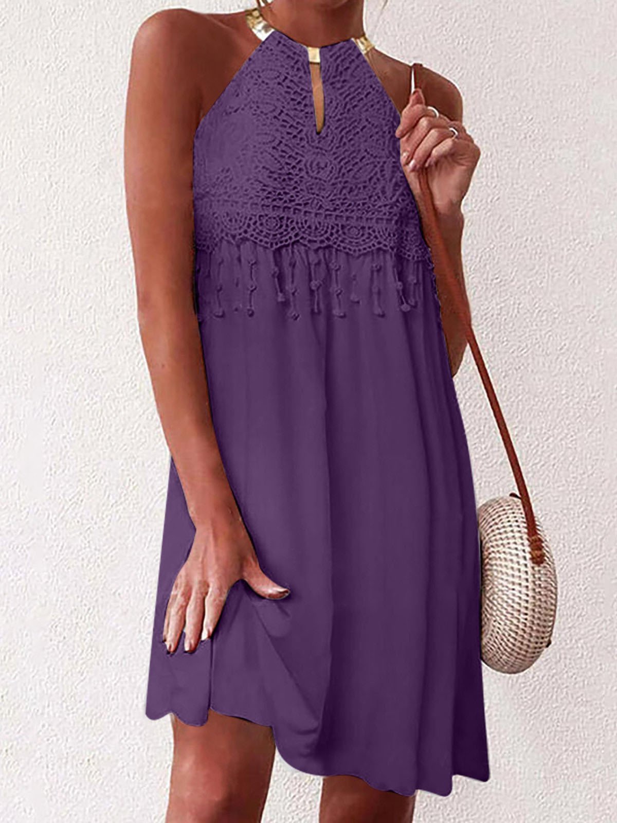 Solid Sleeveless Lace Dangle Mini Dress - LuckyFash™