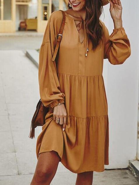 Solid Tie Neck Babydoll Dress - LuckyFash™