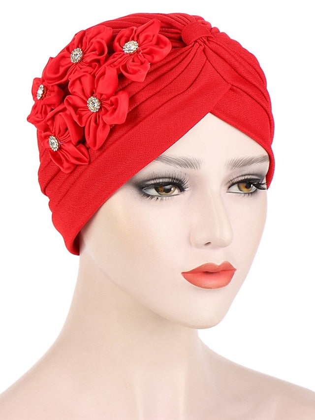 Elegant Women Five Flowers Turban Caps Muslim Elastic Crystal Party Headscarf Bonnet Ladies Hair Accessories Indian Cap - LuckyFash™