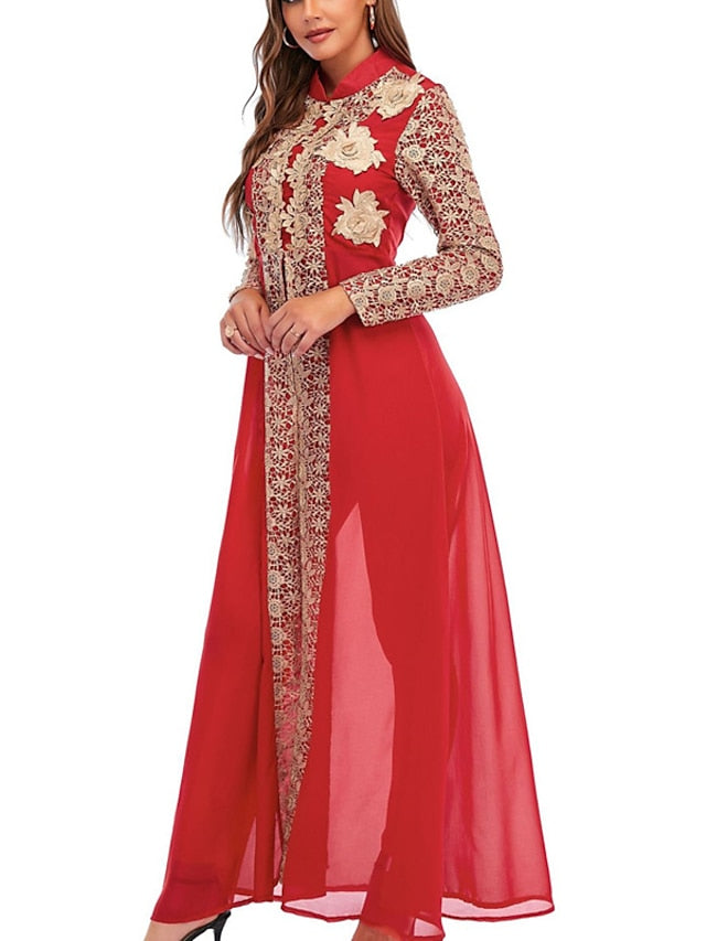 Kaftan Dress Long Dress Maxi Dress Green Black Blue Long Sleeve Floral Embroidered Spring Stand Collar Romantic Spring Dress Summer Dress  S M L XL XXL for Women - LuckyFash™