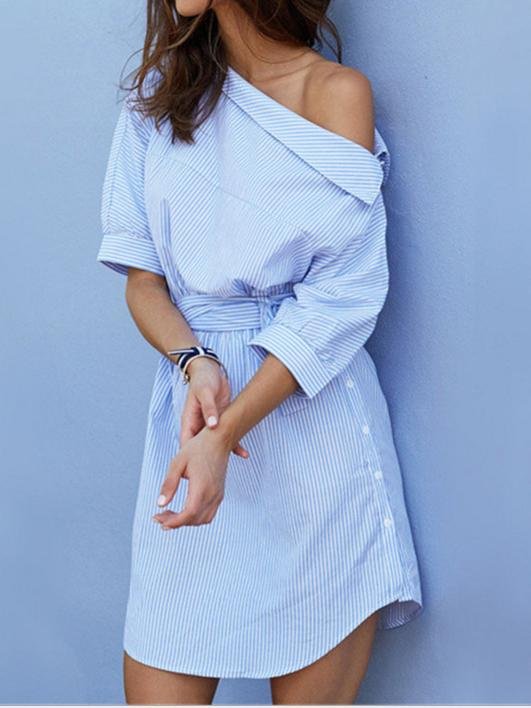 Striped Oblique Shoulder Shirt Dress With Belt - LuckyFash™