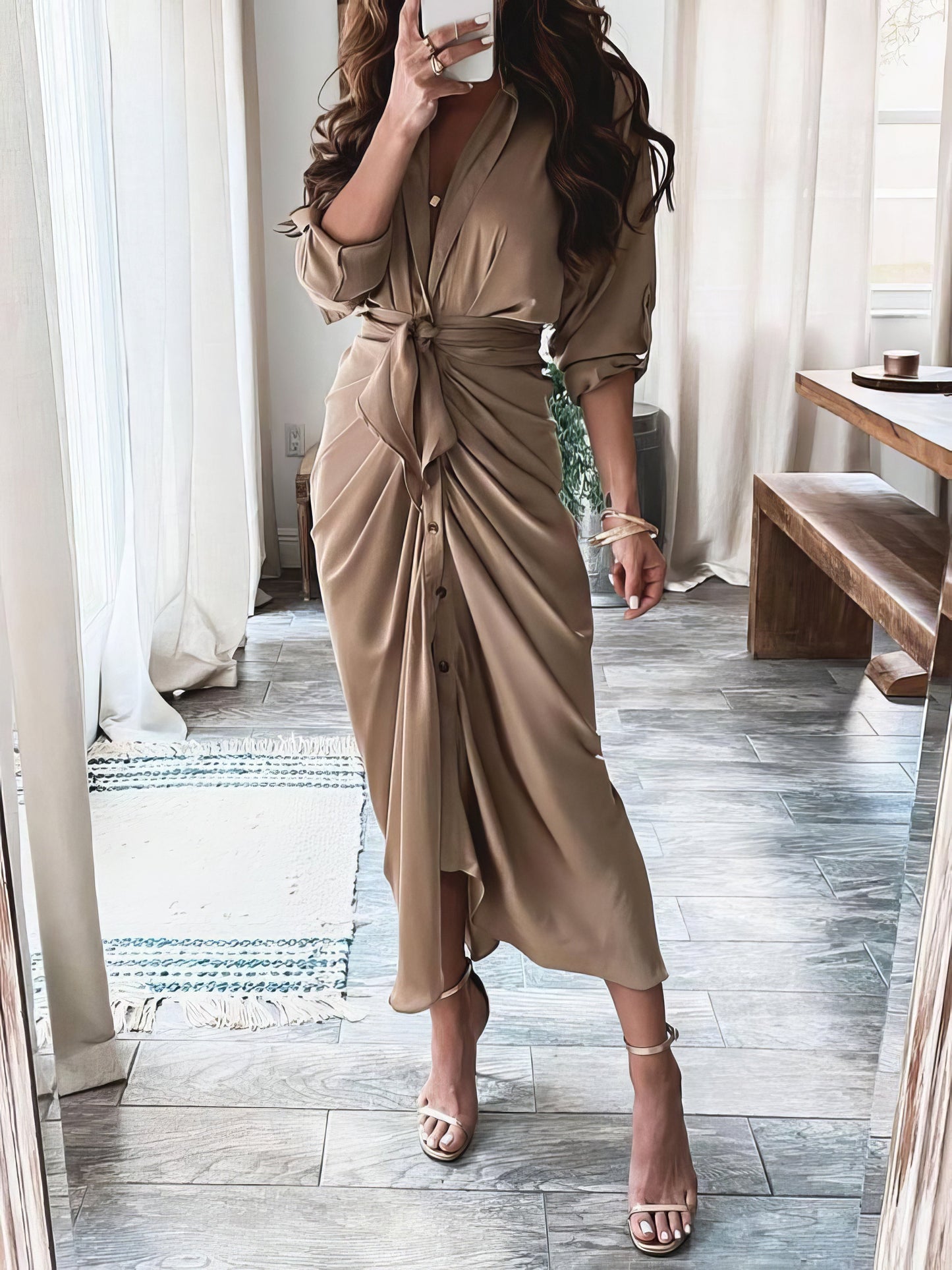 Summer V-neck Button Solid Long Dress - LuckyFash™