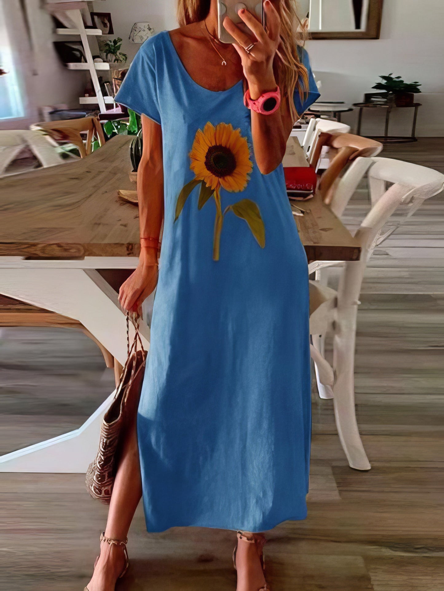 Sunflower Print Short-sleeved Slit Dress - LuckyFash™