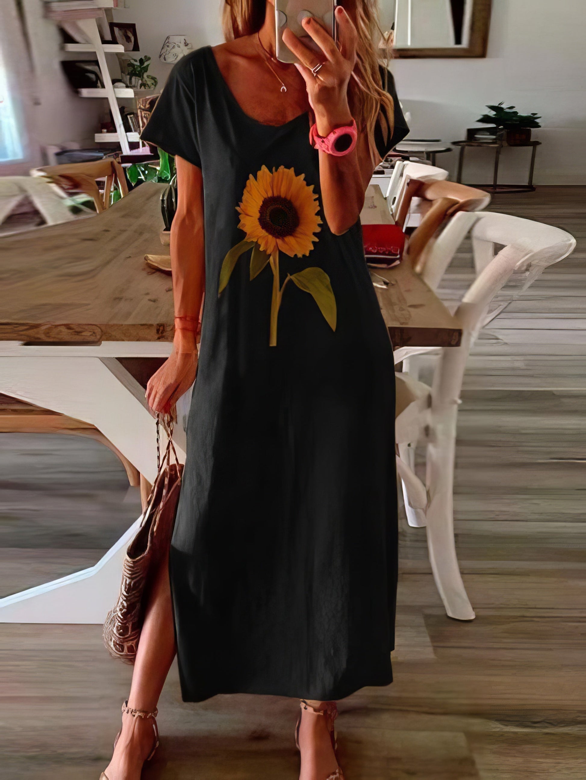 Sunflower Print Short-sleeved Slit Dress - LuckyFash™