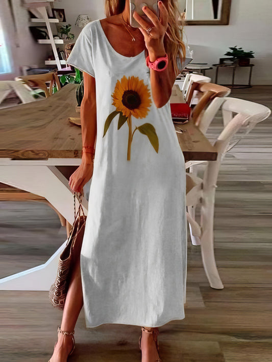 Sunflower Print Short-sleeved Slit Dress - LuckyFash™