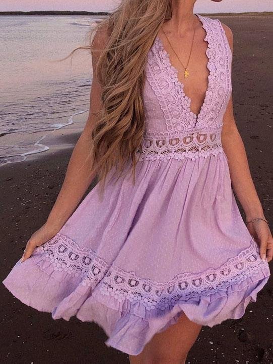 Sweet Lace Solid Color Sleeveless Casual Dress - LuckyFash™