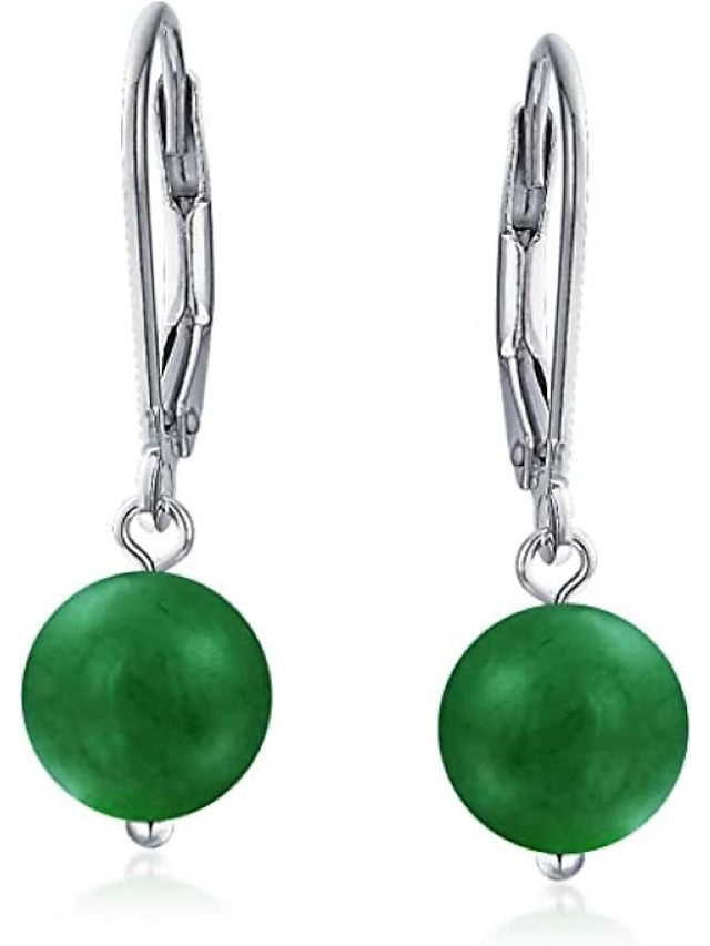 Simple Basic Gemstone Round 8MM Bead Ball Drop Dangle Earrings For Women Teen Secure Hinge Lever back .925 Sterling Silver Birthstones More Colors - LuckyFash™