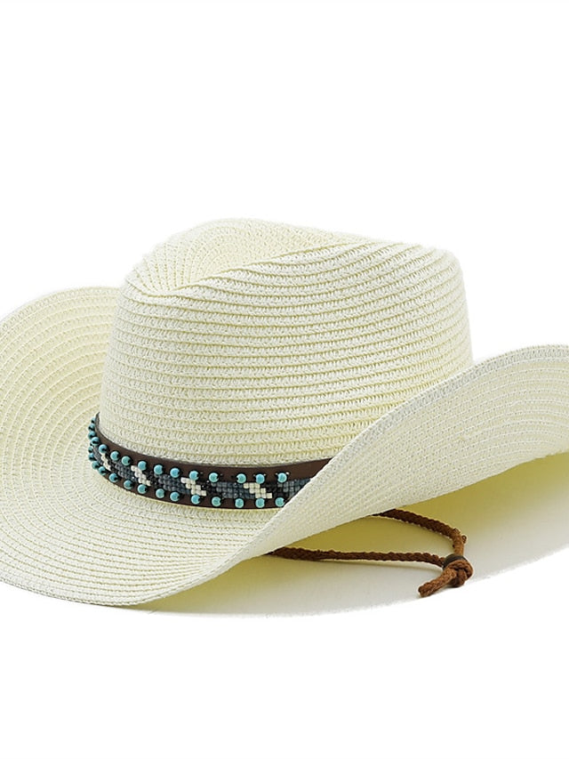 British Wind with Bead Leather Rope Cowgirl Summer Straw Hat for Women Men Western Cowboy Hat Lady Trendy Beach Sun Hat for Women - LuckyFash™