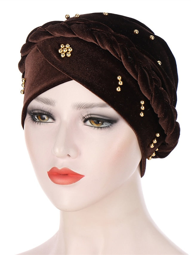 Retro Lady Women Beaded Hat Muslim Braid Head Scarf Turban Head Wrap Cover Ramadan Hair Loss Islamic Headwear Arab Fashion - LuckyFash™