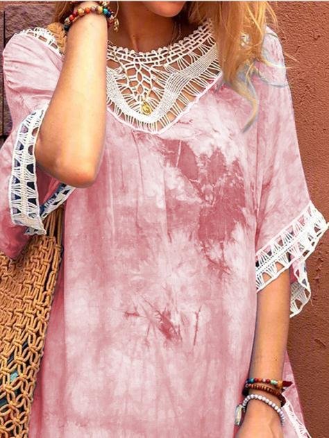 Tie-dye Lace Round Neck Casual Dress - LuckyFash™