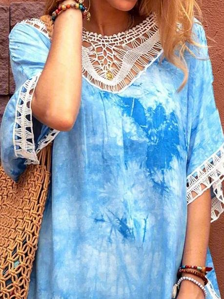Tie-dye Lace Round Neck Casual Dress - LuckyFash™