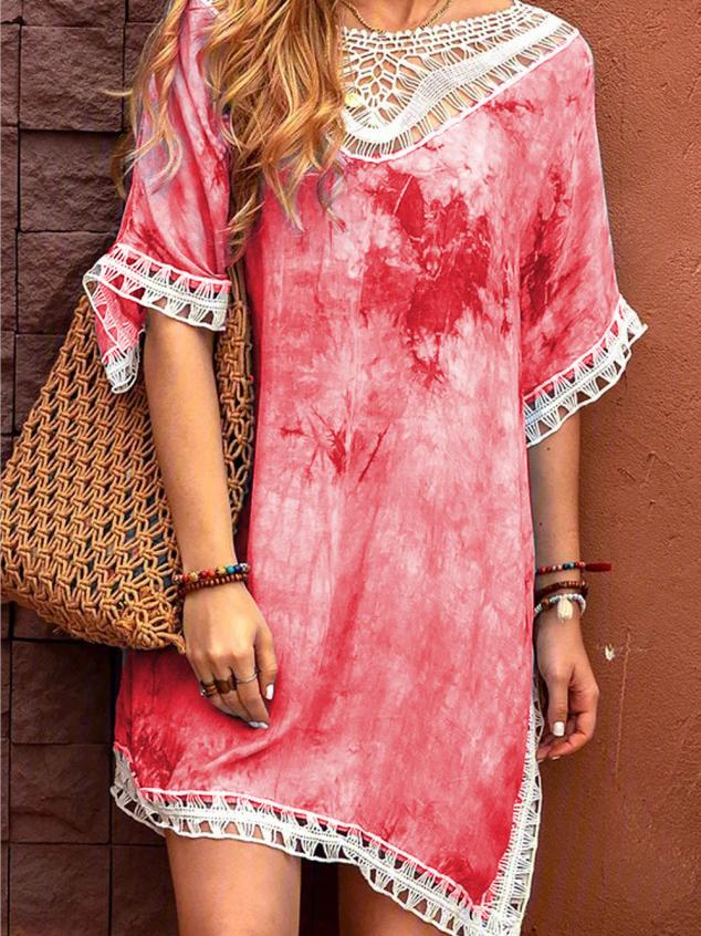 Tie-dye Lace Round Neck Casual Dress - LuckyFash™