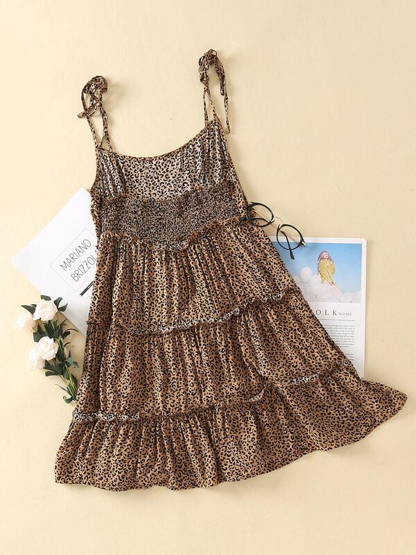 Tie Shoulder Frill Trim Leopard Cami Dress - LuckyFash™