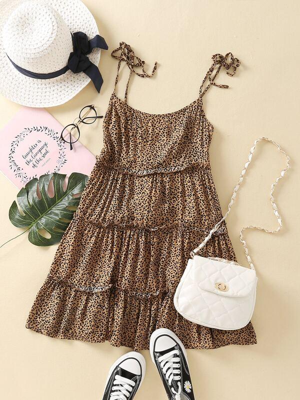 Tie Shoulder Frill Trim Leopard Cami Dress - LuckyFash™