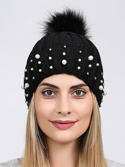 Hat Beanie / Slouchy Black White Outdoor Home Daily Beaded Knit Pure Color Portable Windproof Comfort for Women - LuckyFash™