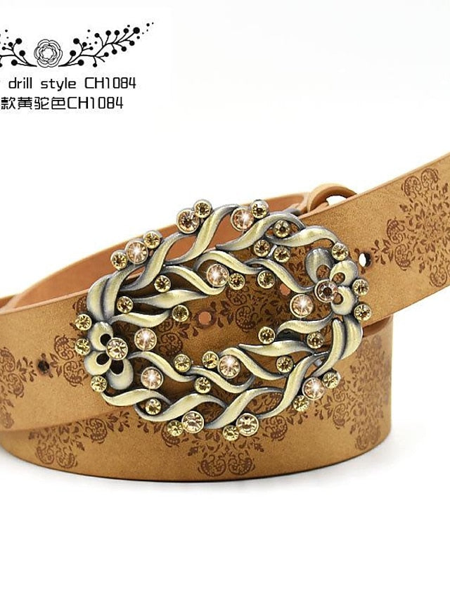 Women's PU Buckle Belt PU Leather Metal Bucke Engraved Crystal Rhinestone Classic Vintage Retro Wedding Party Rhinestone black ch1047 Rhinestone yellow camel ch1067 Rhinestone yellow camel ch1024 - LuckyFash™