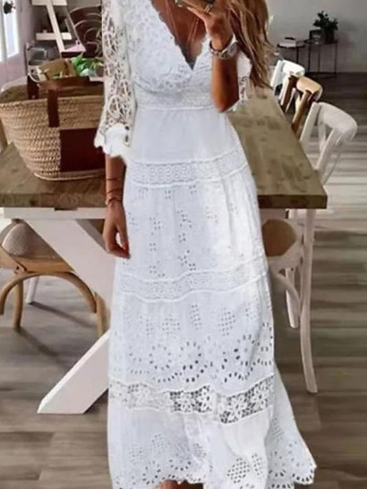 Women's Lace Dress Swing Dress Boho Dress Eyelet Spring Dress Summer Dress Long Maxi Dress White 3/4 Length Sleeve Pure Color Hollow Out V Neck Fashion Wedding Guest 2023 S M L XL XXL - LuckyFash™