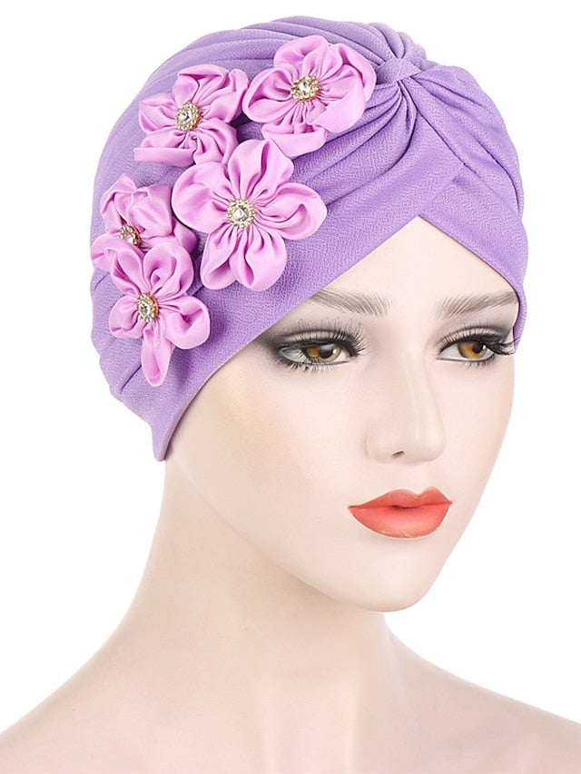 Elegant Women Five Flowers Turban Caps Muslim Elastic Crystal Party Headscarf Bonnet Ladies Hair Accessories Indian Cap - LuckyFash™
