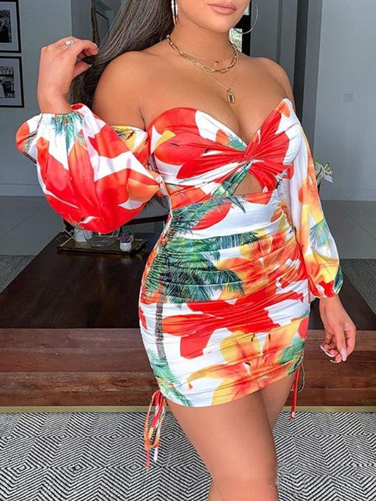 Tropical Print Cutout Drawstring Mini Dress - LuckyFash™