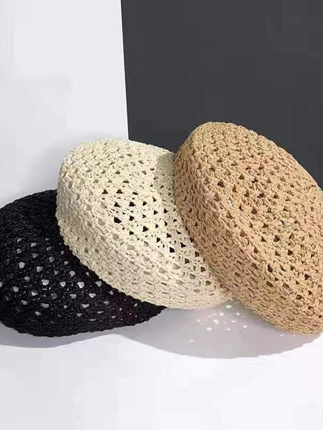 Spring Summer Breathable Straw Hat Female Unique Beret Black Khaki Beige British Beret Hat Hollow Artistic Painter Hat - LuckyFash™