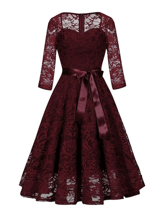 Women's Lace Dress Vintage Tea Dresses Swing Dress Midi Dress Black Wine Navy Blue 3/4 Length Sleeve Pure Color Lace Summer Spring Fall Square Neck Fashion Birthday Wedding Guest Vacation 2023 - LuckyFash™