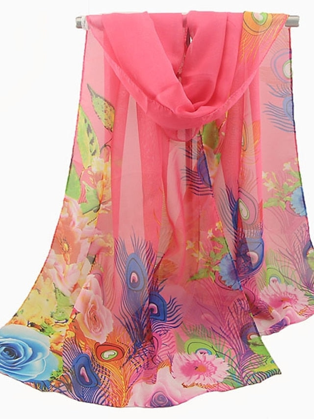 Ladies Peacock Feather Print Chiffon Silk Scarf Sun Protection Beach Towel Shawl - LuckyFash™