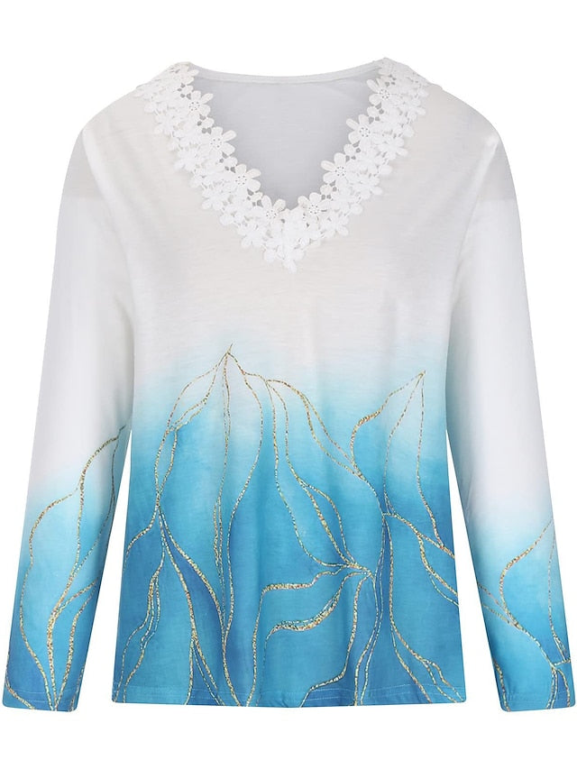 Lace V-Neck Casual Floral Loose T-Shirt for Women - LuckyFash™