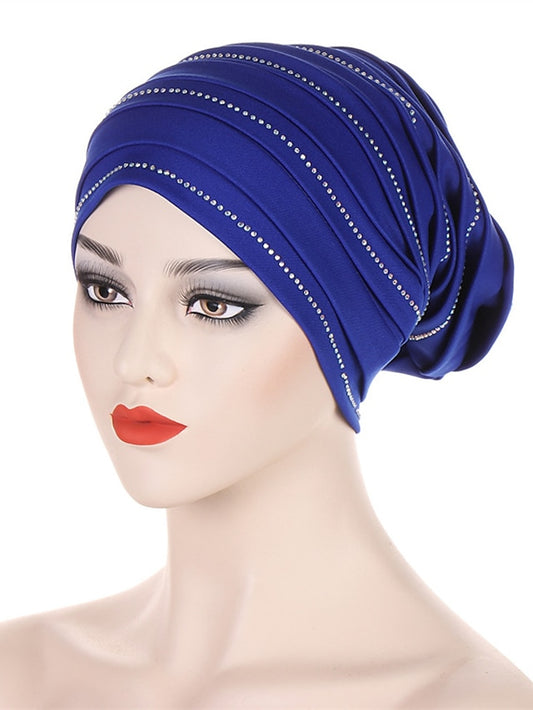 Rhinestones Women's Pleated Turban Cap African Hat Muslim Headscarf Bonnet Ladies Head Wraps - LuckyFash™
