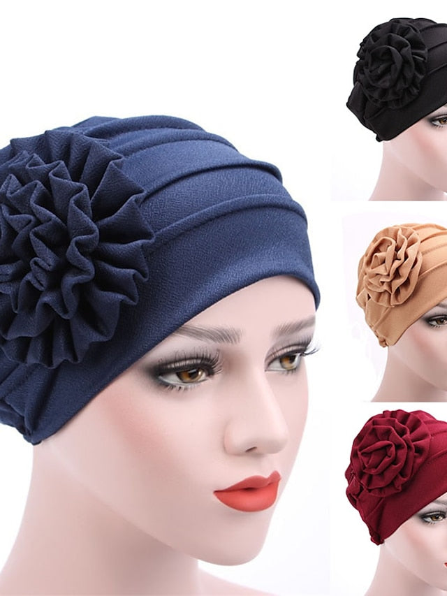 Women's Hats Spring Summer Plain Color Floral Beanie Hat Muslim Stretch Turban Hat Cap Hair Loss Headwear Hijab Cap - LuckyFash™