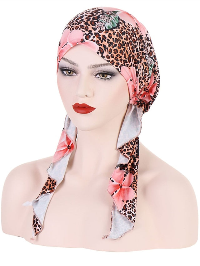 Women Printed Pre-tie Headscarf Elastic Muslim Female Turban Soft Hat Hair Loss Cover Head Wrap Headwear Stretch Bandana - LuckyFash™