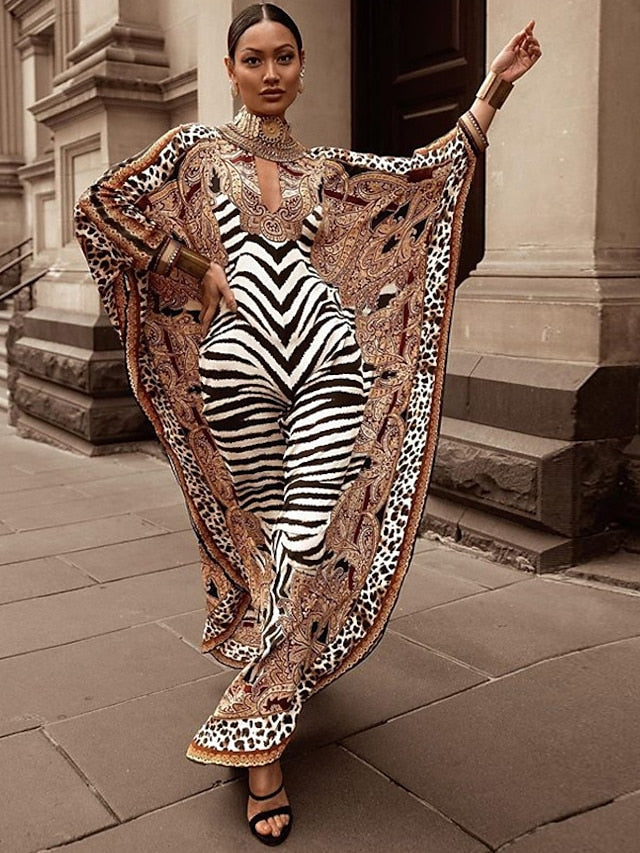 Women's Kaftan Dress Long Dress Maxi Dress Brown Long Sleeve Leopard Print Fall Spring High Neck Romantic Winter Dress Fall Dress Loose Fit 2023 One-Size - LuckyFash™
