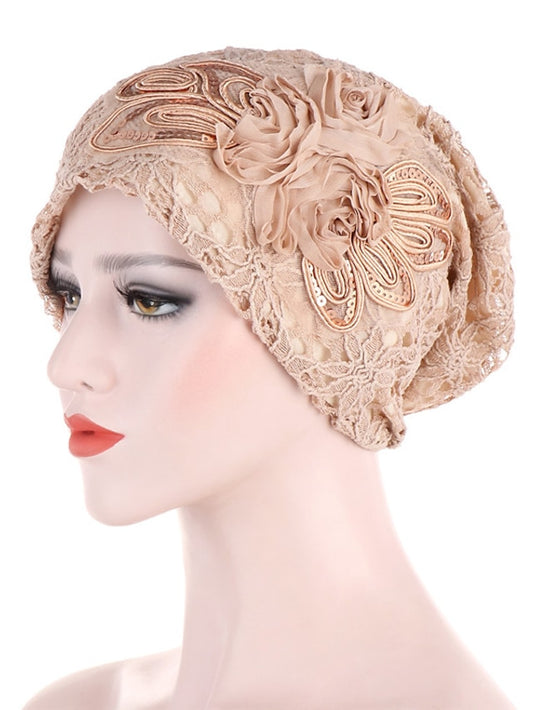 Lady Women Girl Hat Flower Hijab Lace Cotton Beanie Hat Full Headwear Warm Autumn Winter Lace Flower Casual Turban Cap - LuckyFash™