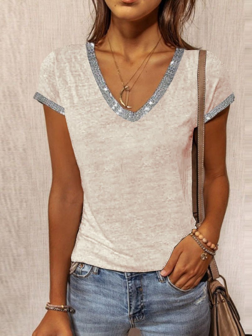 V-Neck Contrast Color Slim Short Sleeve T-Shirt - LuckyFash™