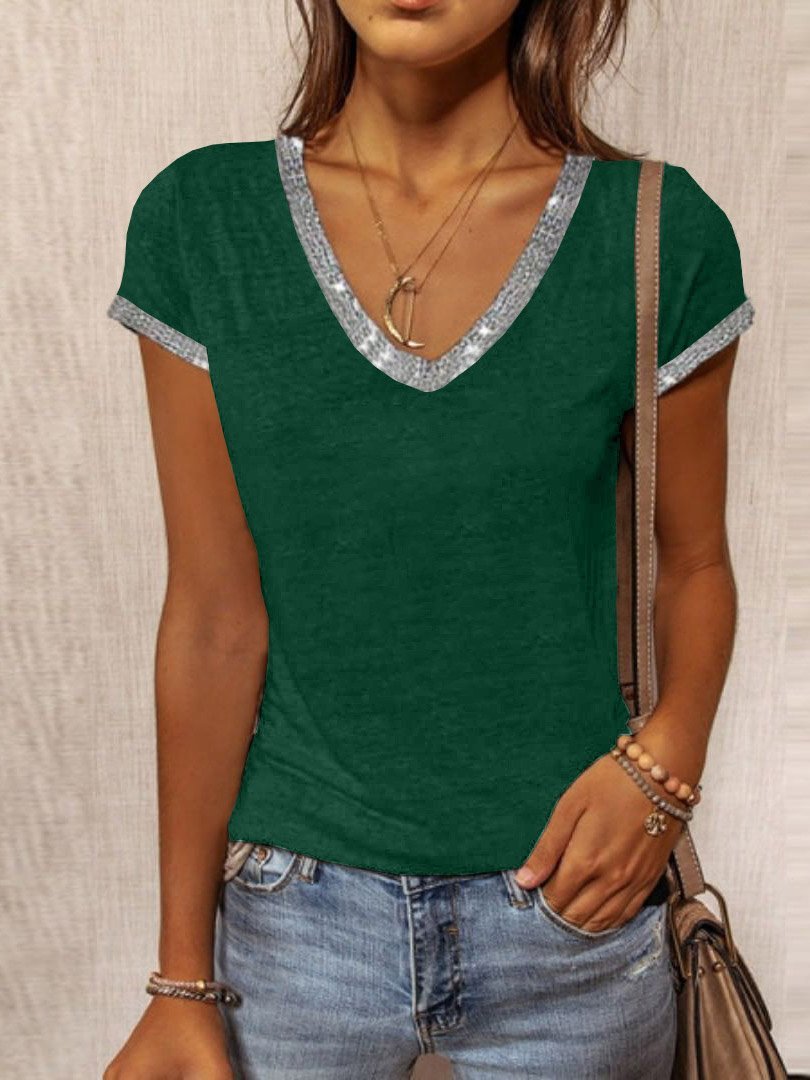 V-Neck Contrast Color Slim Short Sleeve T-Shirt - LuckyFash™