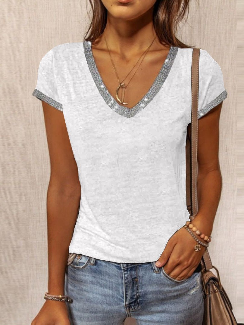 V-Neck Contrast Color Slim Short Sleeve T-Shirt - LuckyFash™